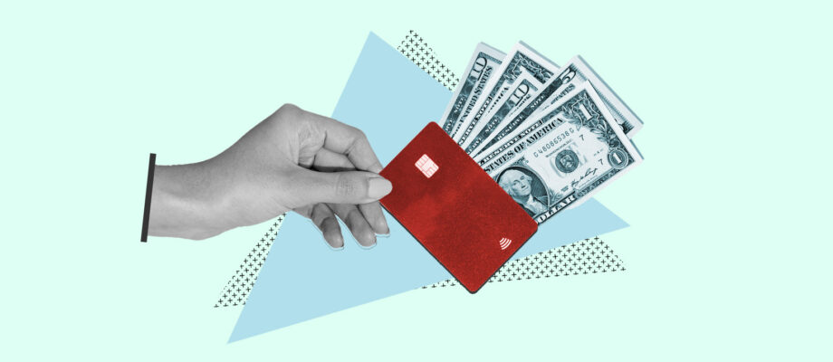 Credit-card shaped wallet full of money representing paying in full