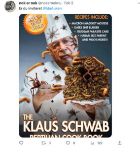 Photoshopped image of a cookbook with bugs covering Klaus Schwab