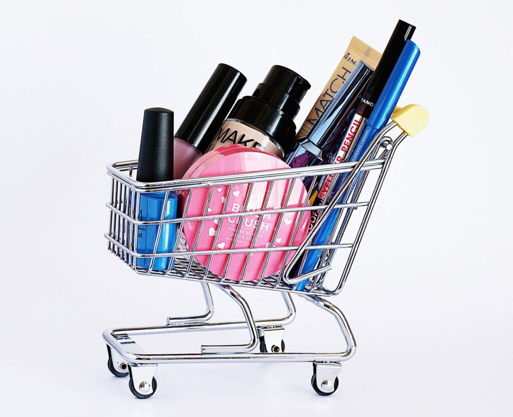 Makeup products in a shopping cart
